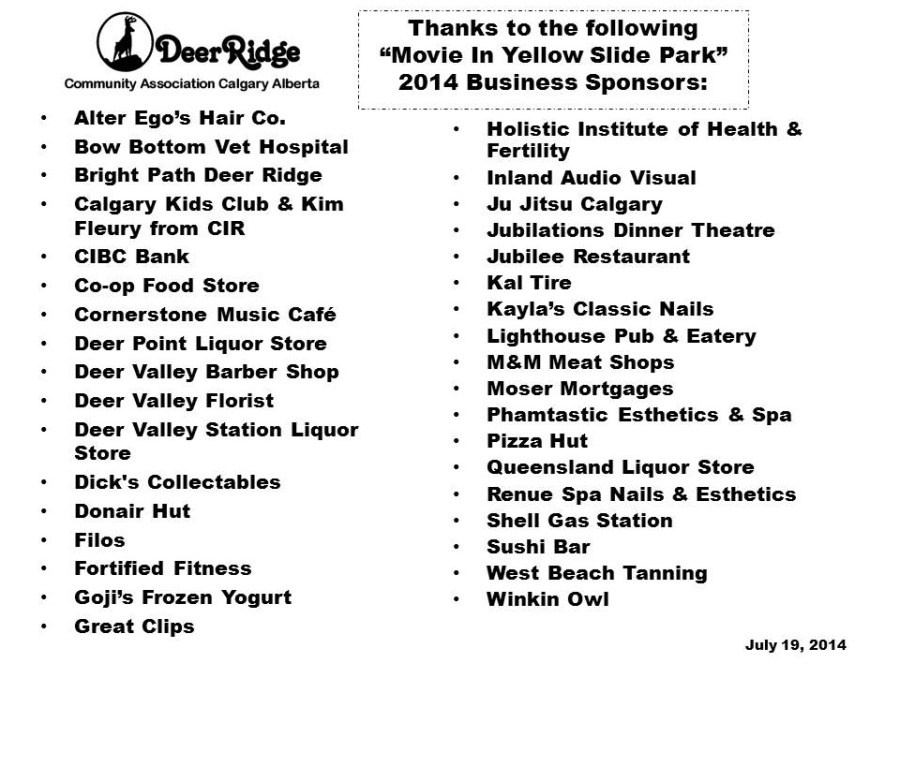 Business Raffle Sponsors for Movie in the Park