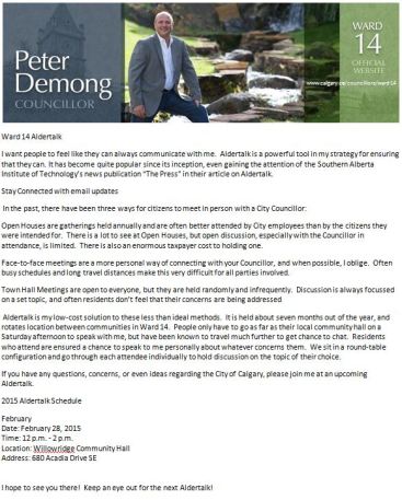 Councillor Peter Demong -Aldertalk February 28, 2015